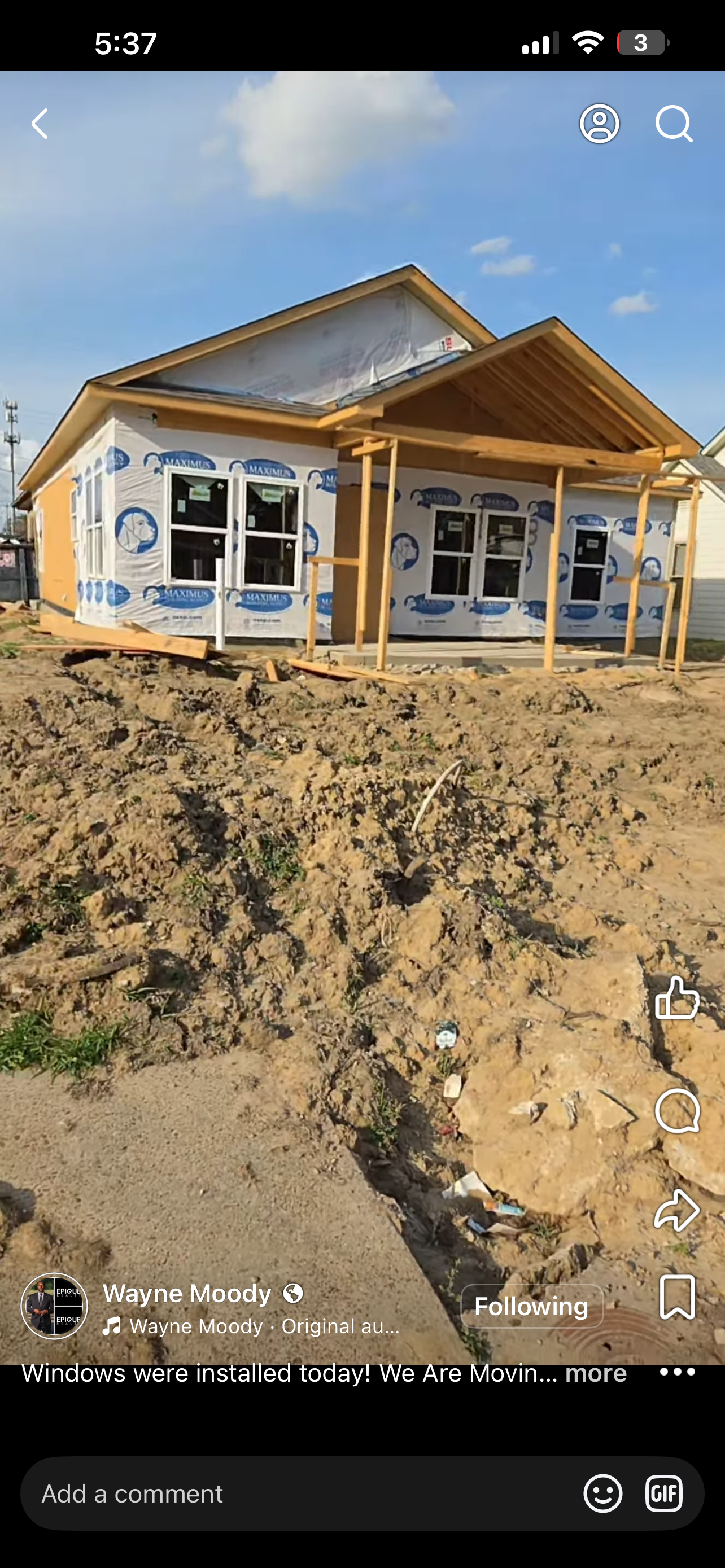 Full front elevation with Tyvek DrainWrap and windows installed